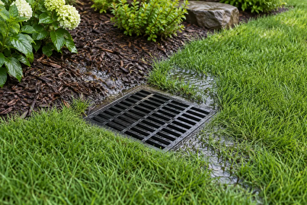 Illustrative catch-basin grate installed flush in a lawn