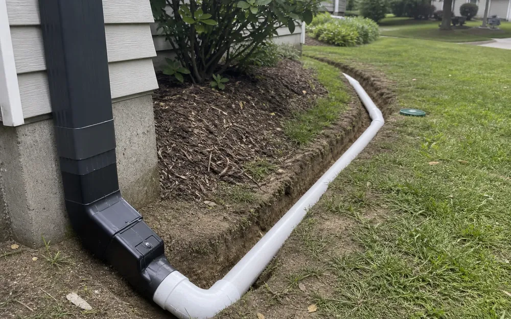 Illustrative downspout connected to a buried drainage extension