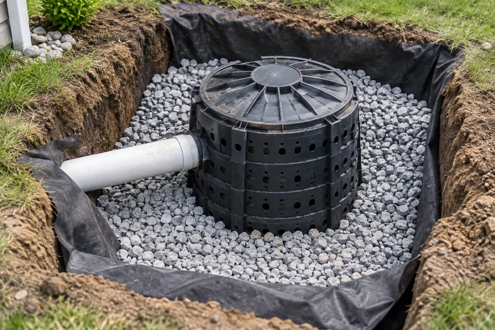 Illustrative dry-well chamber in a gravel-filled excavation