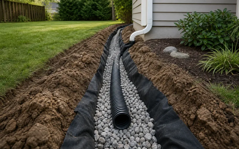 Illustrative drainage pipe in a gravel-lined trench