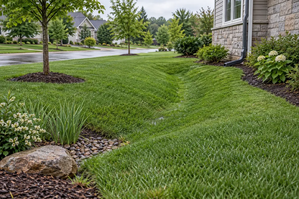 Illustrative shallow grass swale guiding runoff away from a home