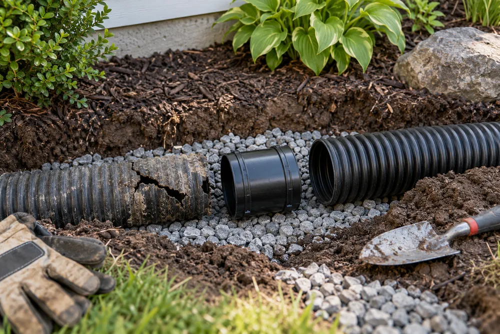 Illustrative damaged yard drainage pipe and replacement coupling
