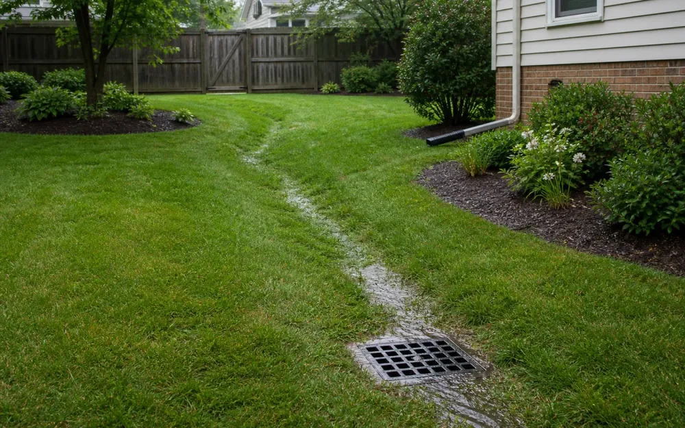 Illustrative lawn drainage swale leading to a catch basin