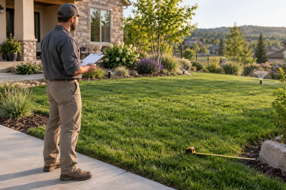 Illustrative irrigation professional assessing a lawn