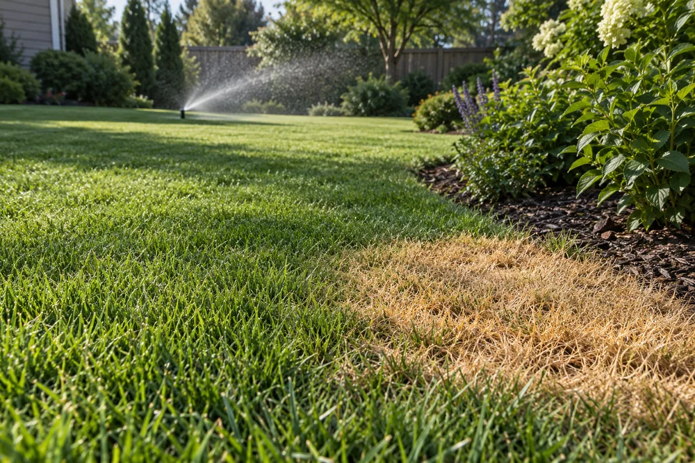 Illustrative dry lawn patch and uneven sprinkler coverage