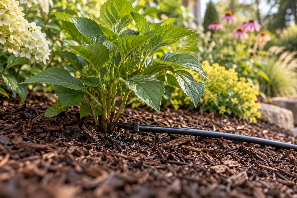 Illustrative drip emitter watering a landscape plant
