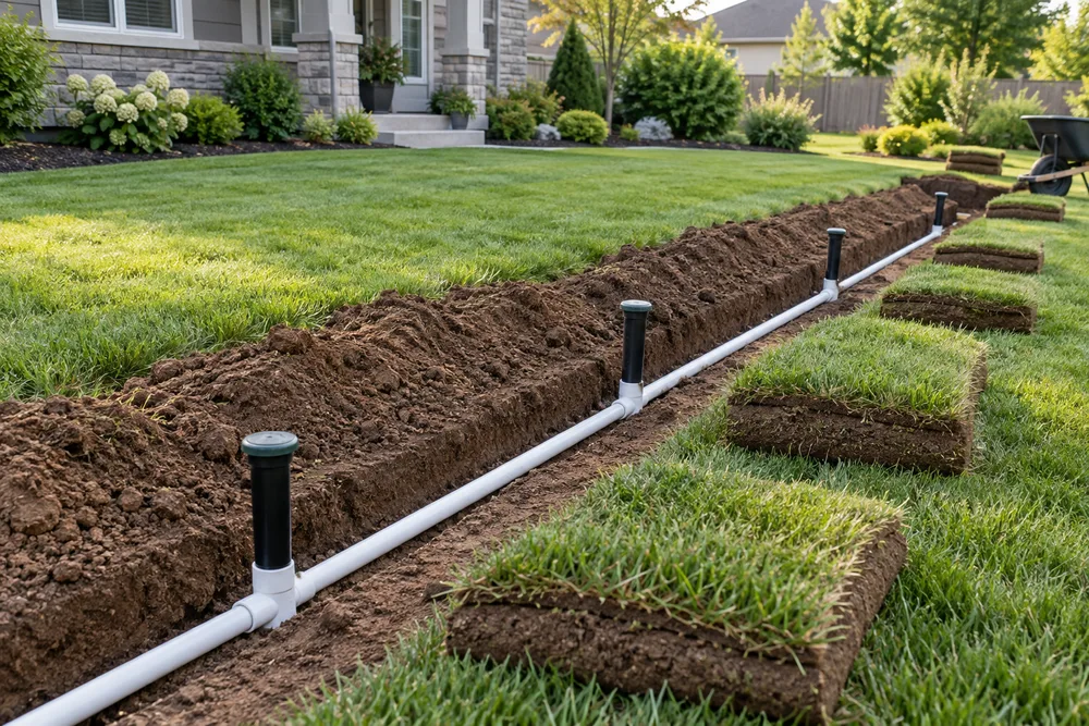 Illustrative sprinkler pipe and riser installation in a lawn trench