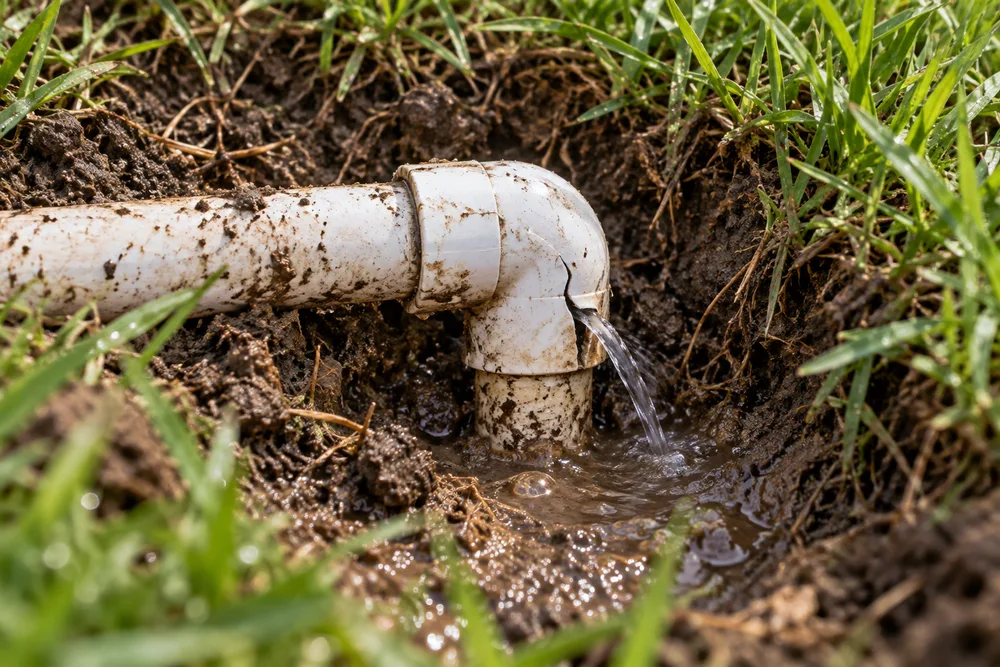 Illustrative leaking irrigation pipe fitting in damp soil