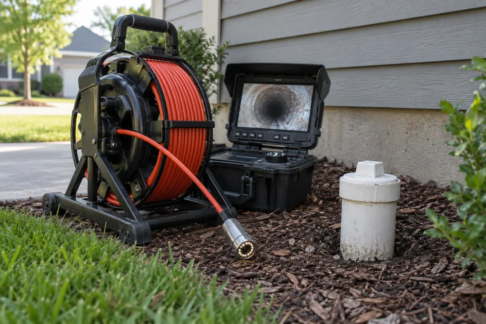 Illustrative sewer inspection camera and monitor beside an exterior cleanout